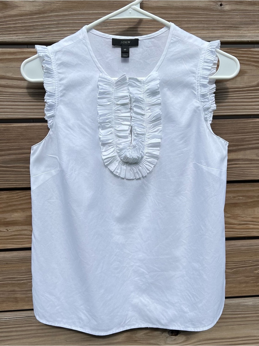 J. Crew White Textured Ruffle Front Sleeveless Blouse Top 100% Cotton Women's 4P